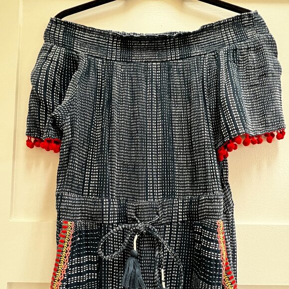 THML Anthropologie Blue Pom Pom Romper W/Embroidery & Pockets size: xs - Picture 4 of 8
